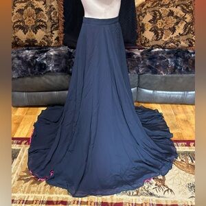 Valentino Vintage 80s Navy and Pink Flowing Maxi Skirt Size 10